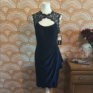 Xscape Navy Asymmetrical Dress with Lace Overlay